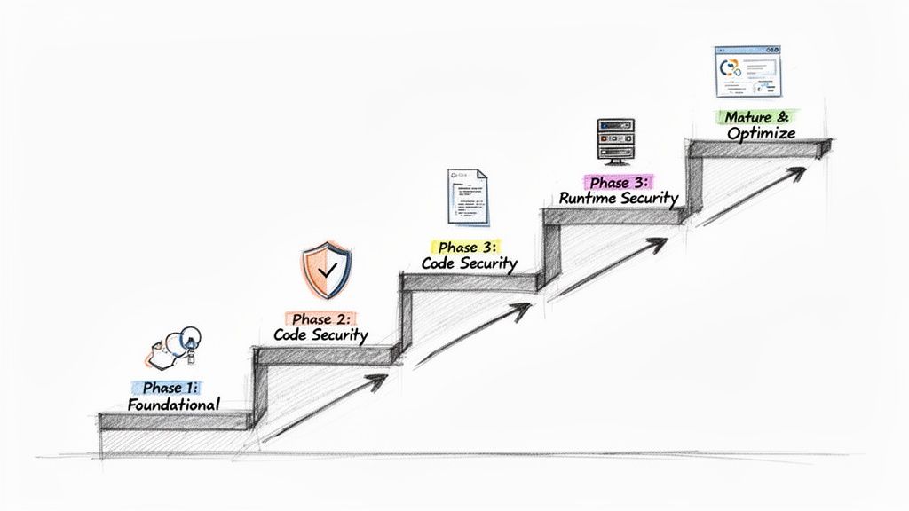 A step-by-step diagram illustrating the phases of a secure development pipeline, from foundational to optimization.