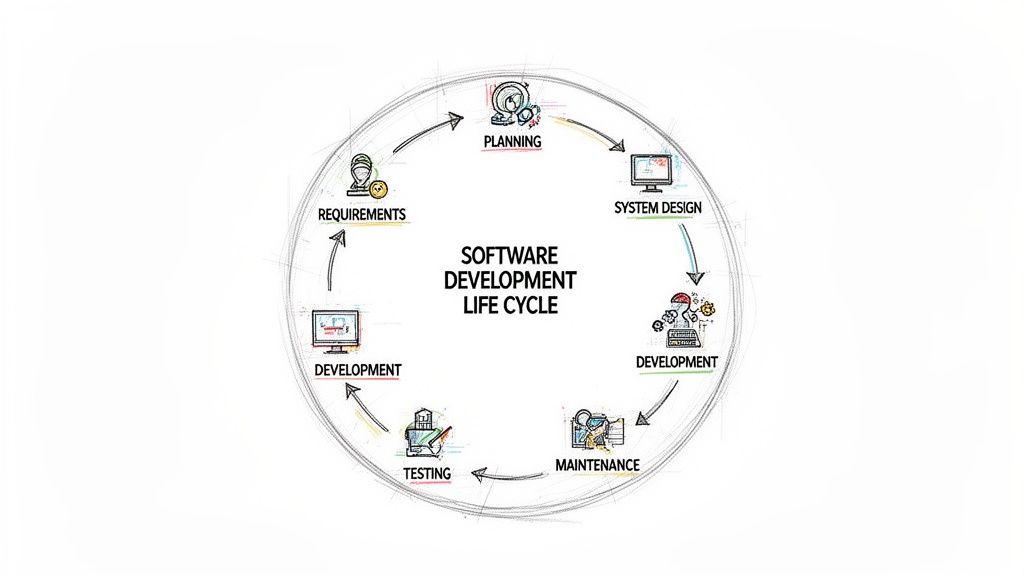 Software Development Life Cycle diagram showing planning, design, development, testing, maintenance, and requirements.