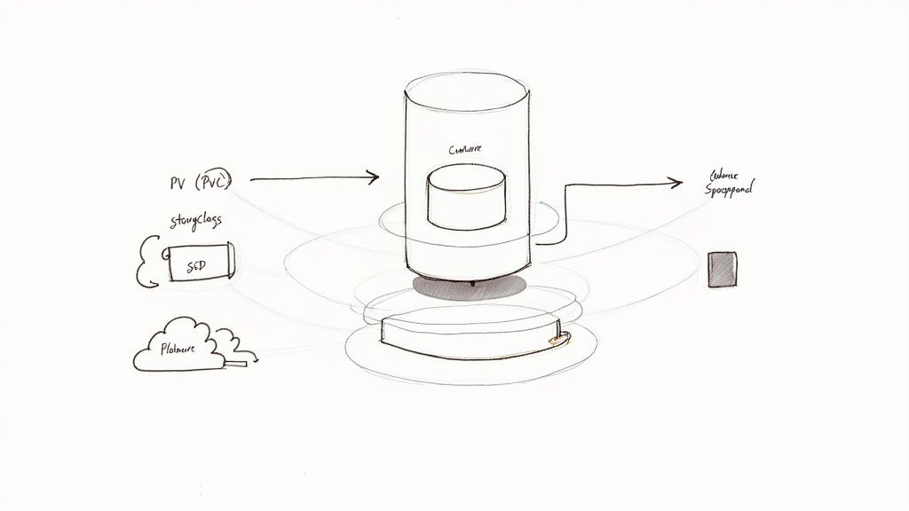 Hand-drawn technical diagram showing data flow with PV, storage class, SSD, CubeCore, and cloud components.