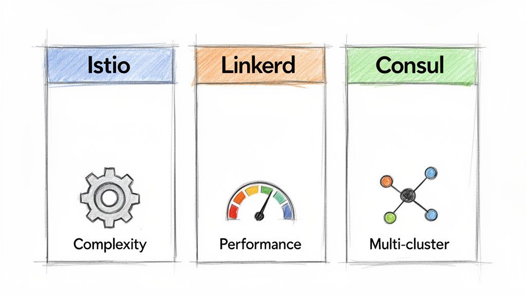 A hand-drawn comparison of Istio, Linkerd, and Consul, highlighting complexity, performance, and multi-cluster features.