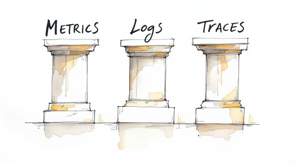 An infographic explaining the key pillars of observability: metrics, logs, and traces