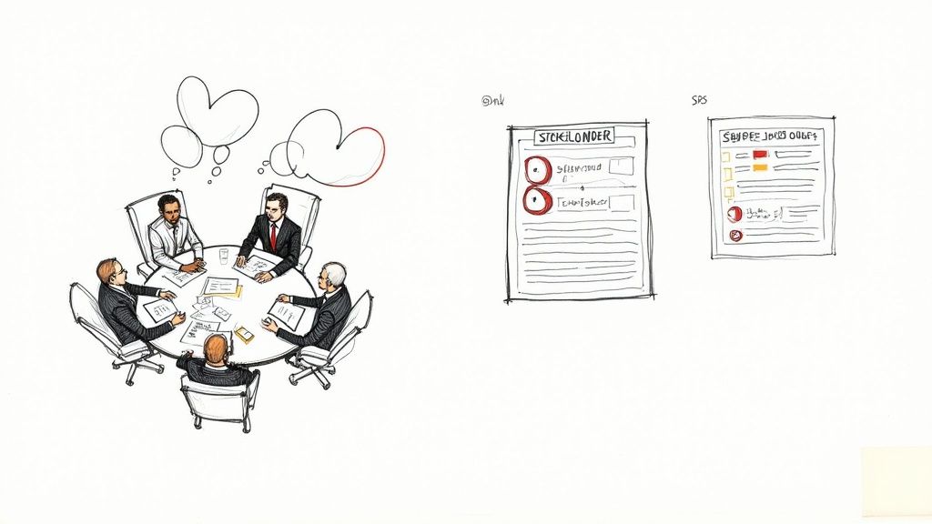 A team collaborates around a table, analyzing project requirements on sticky notes and a laptop.