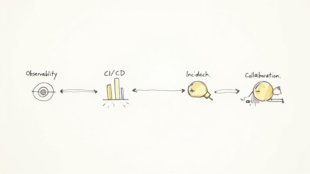 DevOps workflow diagram showing observability, CI/CD, incident management, and collaboration components connected with arrows