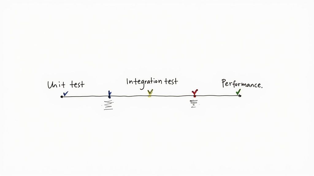 An illustration showing different types of automated tests like unit, integration, and end-to-end tests integrated into a CI/CD pipeline, with green checkmarks indicating successful passes.