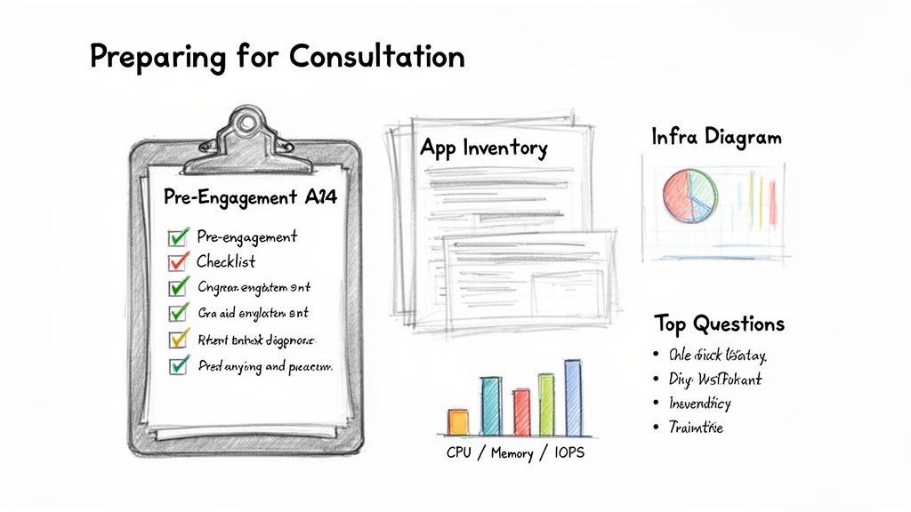 A slide outlining steps to prepare for a consultation, featuring a checklist, app inventory, infrastructure diagrams, and top questions.