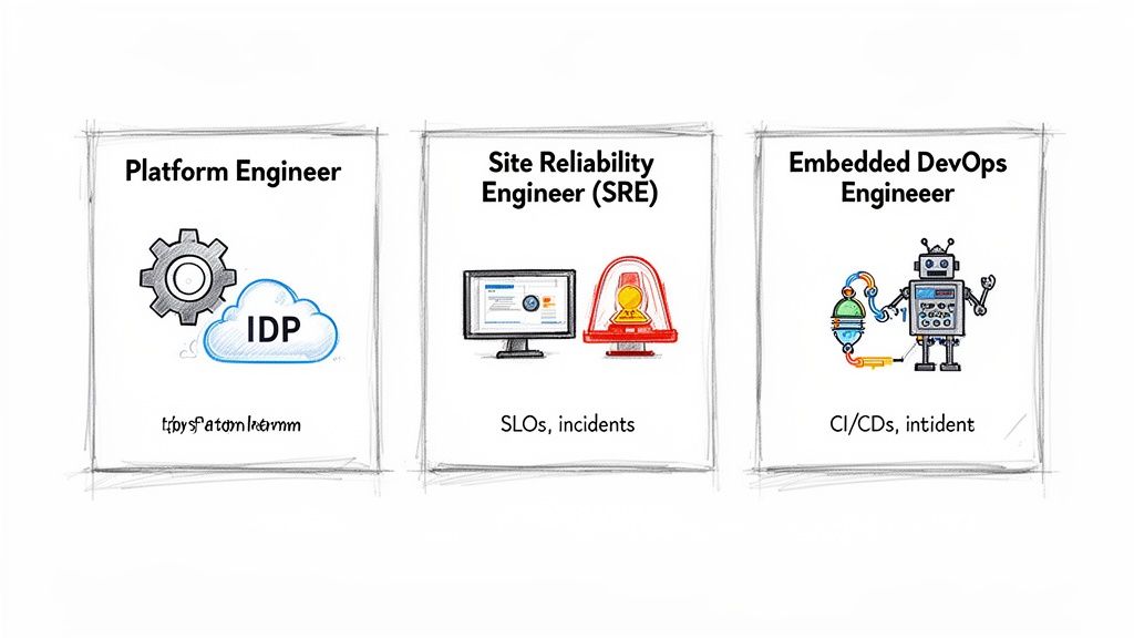 Visual comparison of Platform Engineer, Site Reliability Engineer (SRE), and Embedded DevOps Engineer roles and their responsibilities.