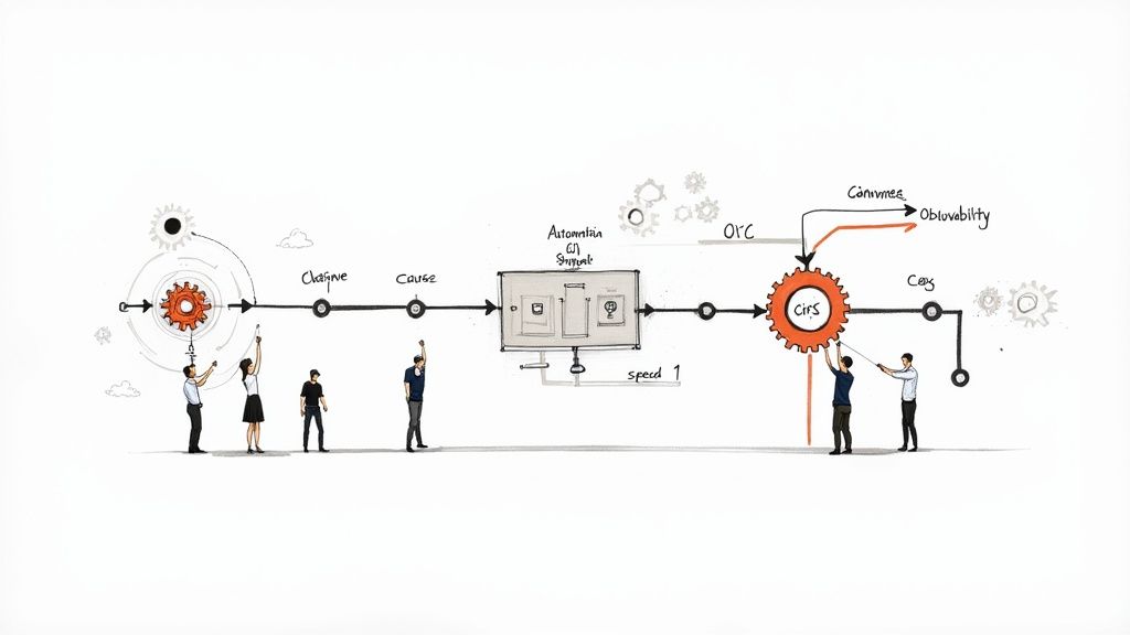 Engineers collaborating on a software delivery pipeline, representing the work of a DevOps consulting firm.