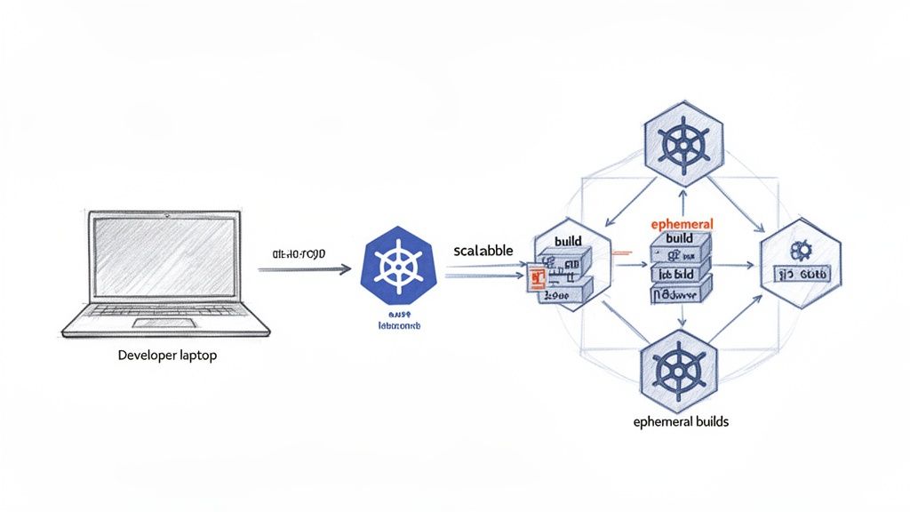 A diagram showing a developer laptop connecting to a scalable Kubernetes build process, leading to ephemeral builds.