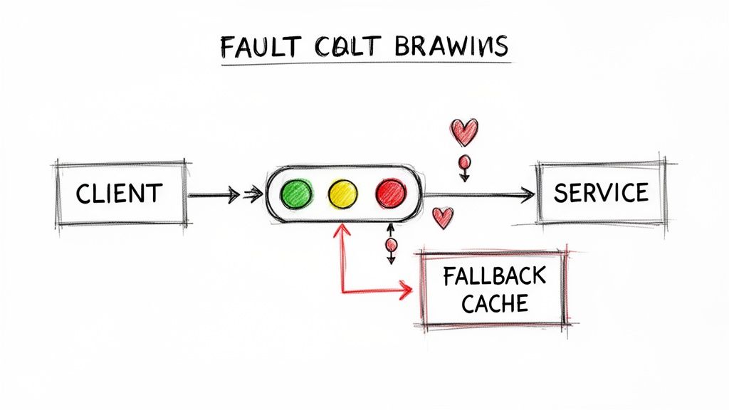 Diagram illustrating fault tolerance with a client, service, a traffic light circuit breaker, and fallback cache.