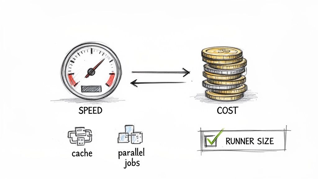 A sketch showing the balance between speed and cost, with cache, parallel jobs, and runner size factors.
