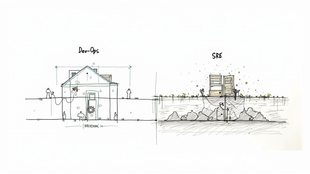 Architectural sketch comparing DevOps house structure with SRE urban infrastructure and monitoring systems