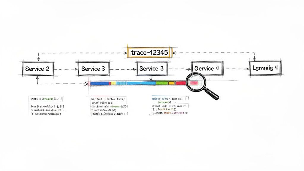 Distributed tracing diagram showing services, a trace timeline, and log details with a magnifying glass.