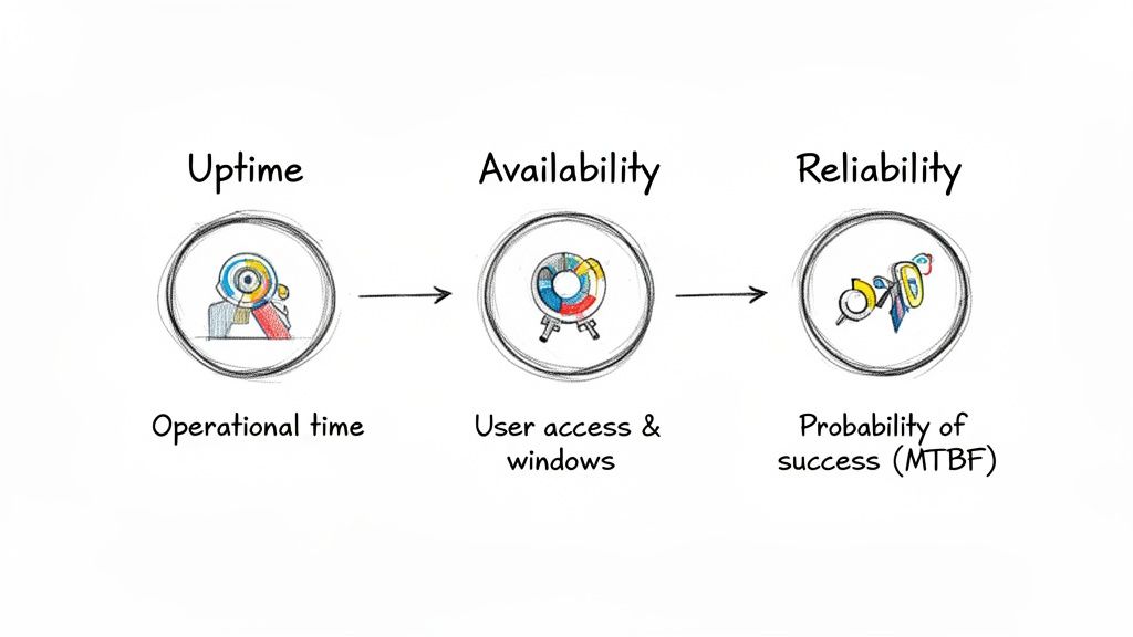 Illustrative diagram explaining the relationship between uptime, availability, and reliability concepts.