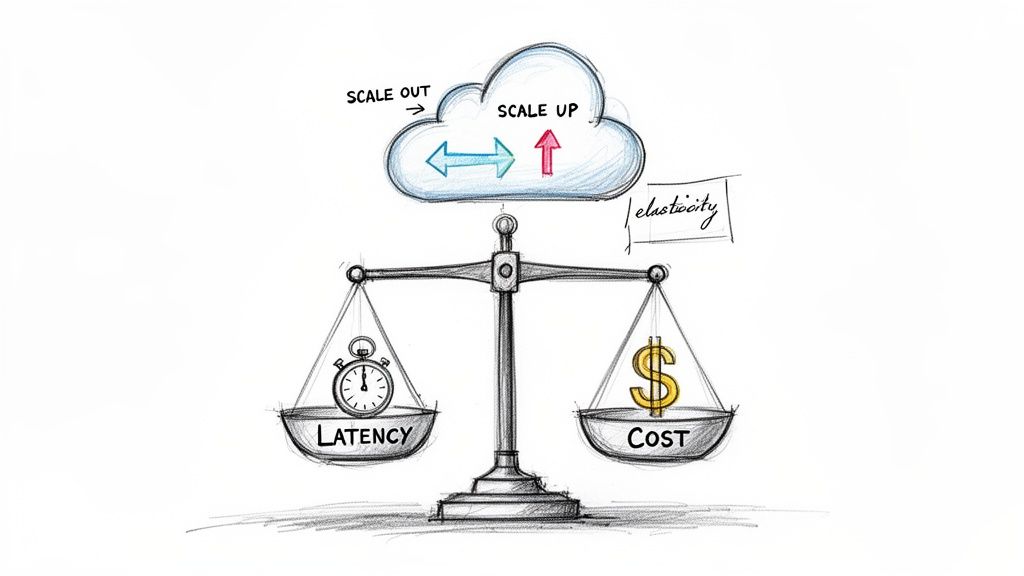Balance scale weighing latency vs cost, with cloud concepts like 'scale up' and 'scale out' elasticity.