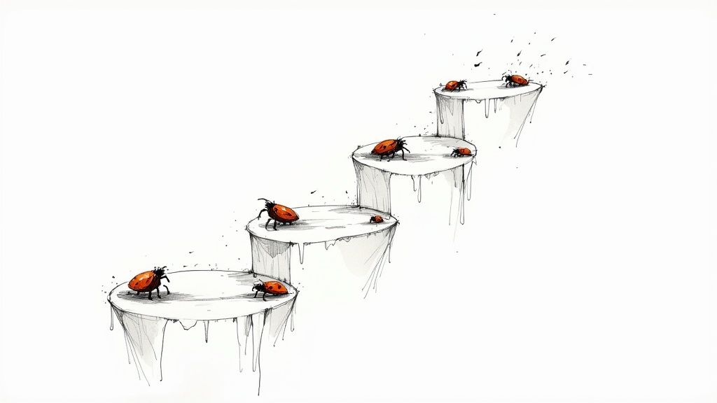 A chaotic scene of developers and QA teams pointing fingers at each other over a buggy software timeline.