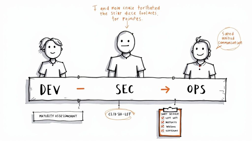 DevSecOps workflow diagram showing development, security, and operations teams collaborating with shared communication