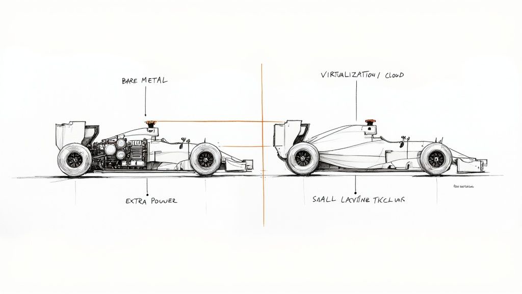 Diagram comparing bare metal versus virtualization/cloud using two F1 race cars, highlighting power and latency.