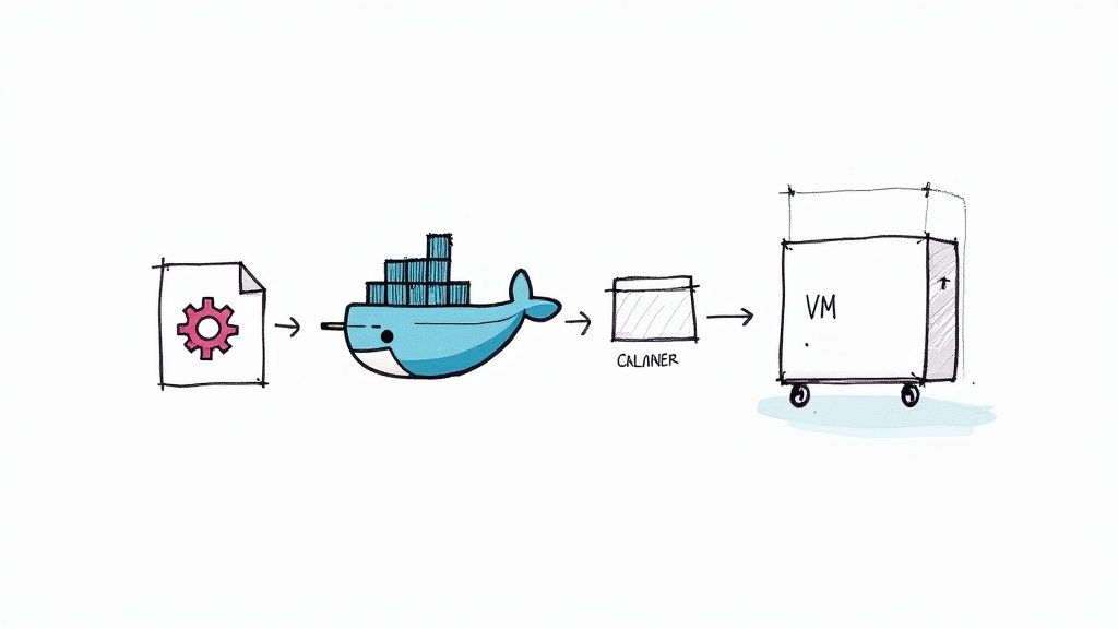 A diagram illustrating the workflow from code to Docker container, then deployment on a virtual machine.