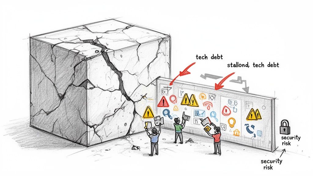Illustration showing workers addressing tech debt and security risks in a cracked legacy system.