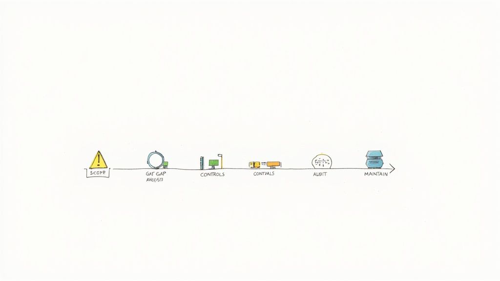A simplified timeline illustrating the SOC 2 certification process with steps: scope, gap analysis, controls, audit, and maintain.