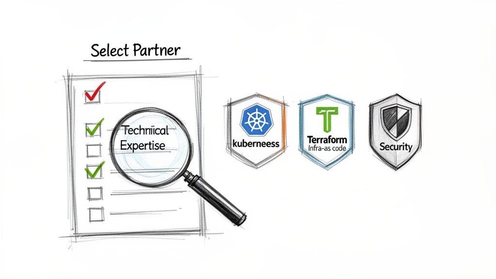 A checklist for selecting a partner, emphasizing technical expertise, Kubernetes, Terraform, and security capabilities.