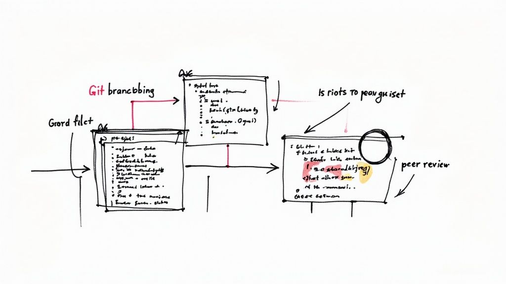 A developer's dual-monitor setup showing lines of code and a coffee cup.