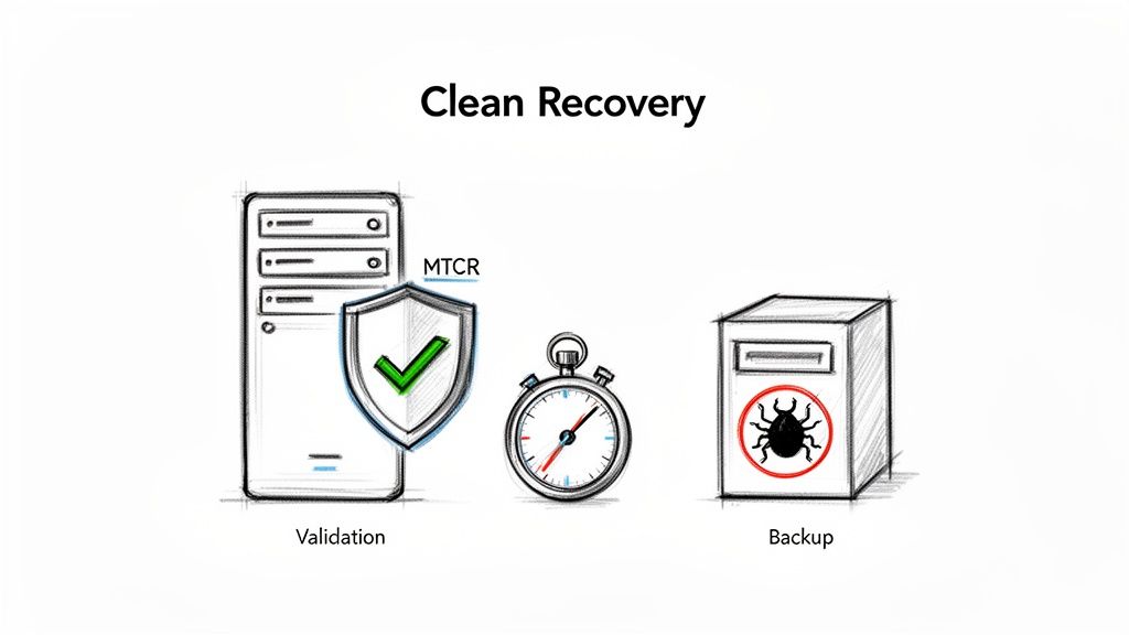 Illustration of a clean recovery process showing system validation, MTCR, a stopwatch, and a clean backup.