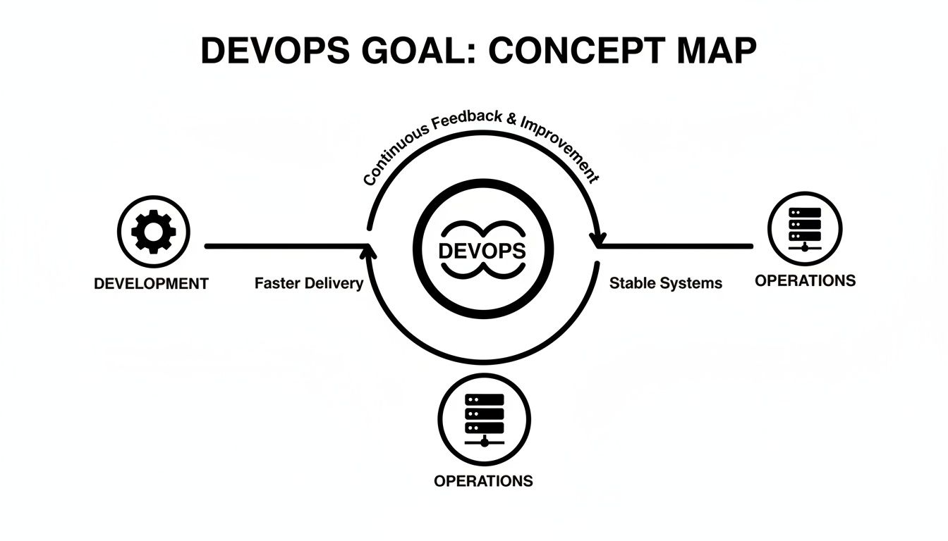 DevOps concept map showing the continuous flow between Development and Operations for faster delivery and stable systems.