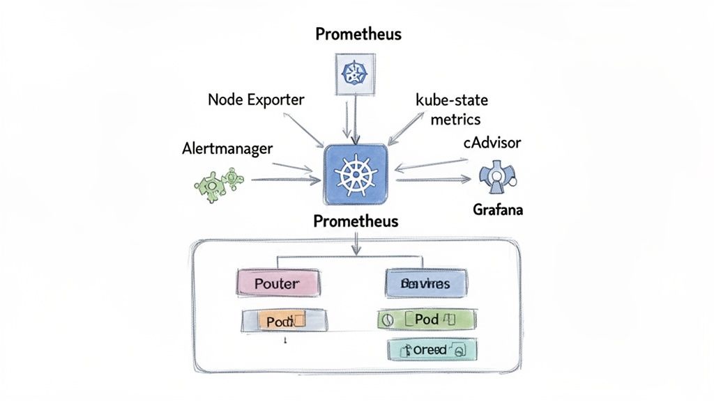 Diagram illustrating Prometheus and Kubernetes monitoring architecture, integrating various components like Alertmanager, Grafana, and cAdvisor.