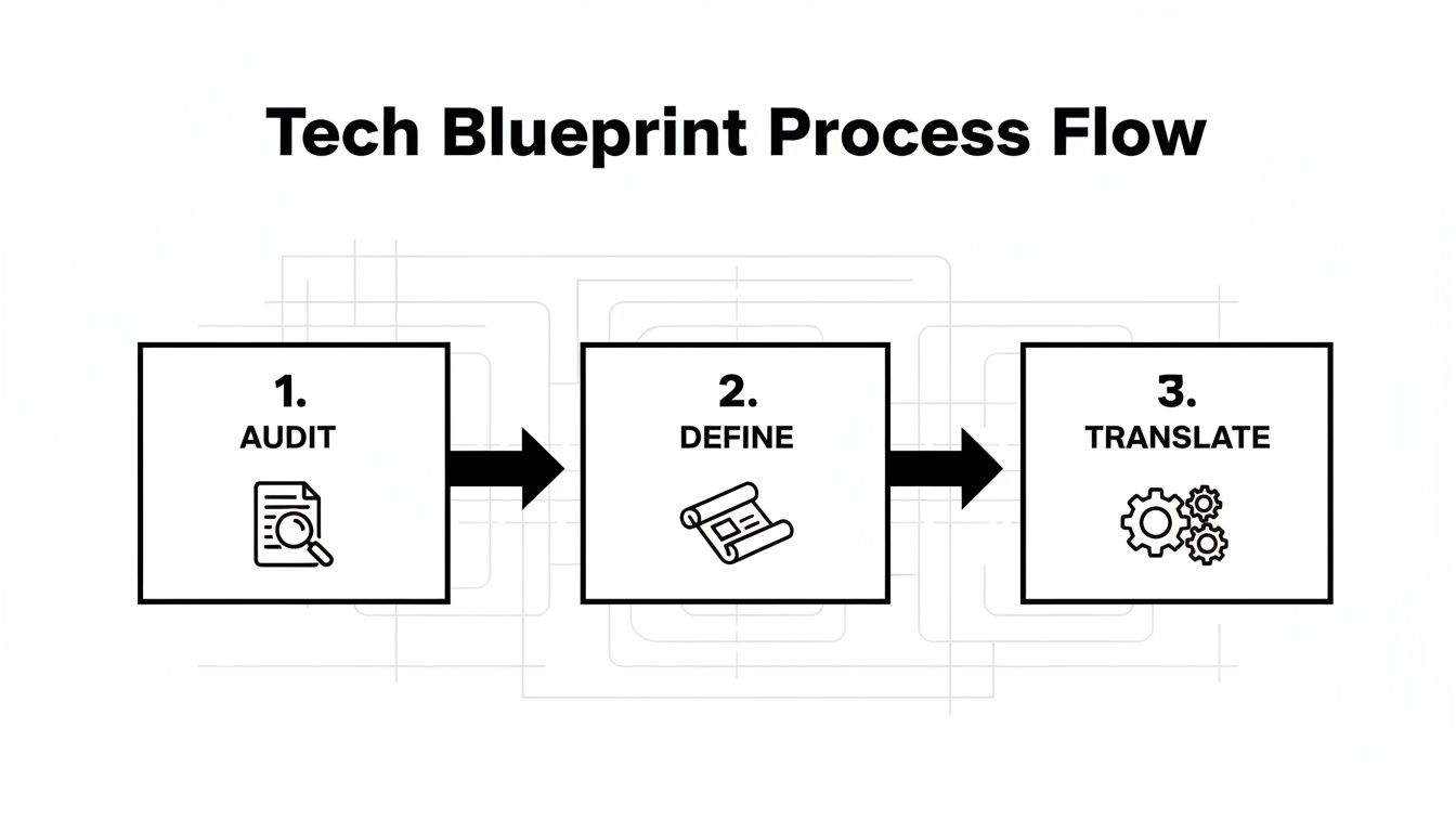 A diagram illustrating the Tech Blueprint Process Flow with three sequential steps: Audit, Define, and Translate.