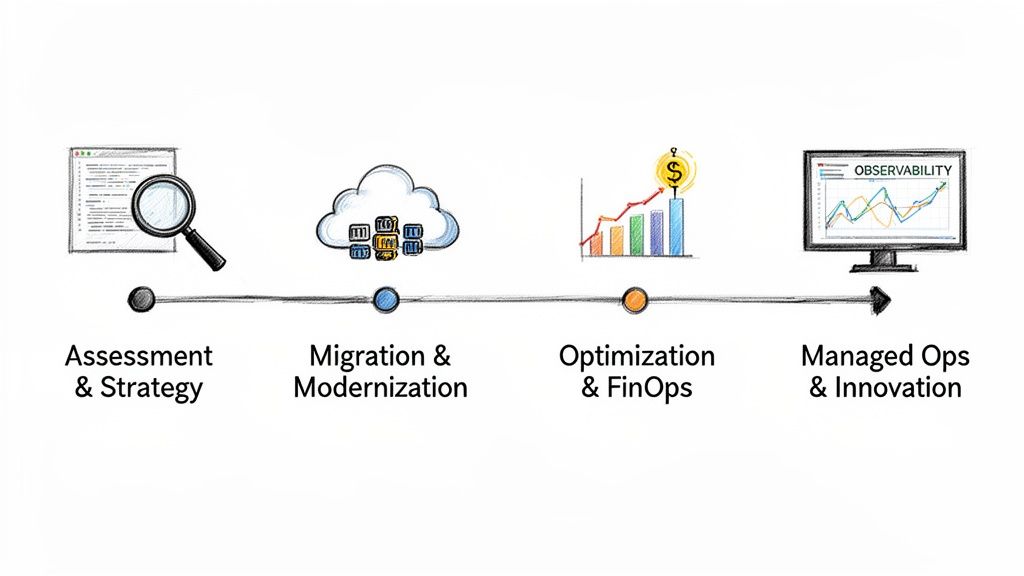 Infographic detailing the cloud transformation journey: assessment, migration, optimization, and managed services.