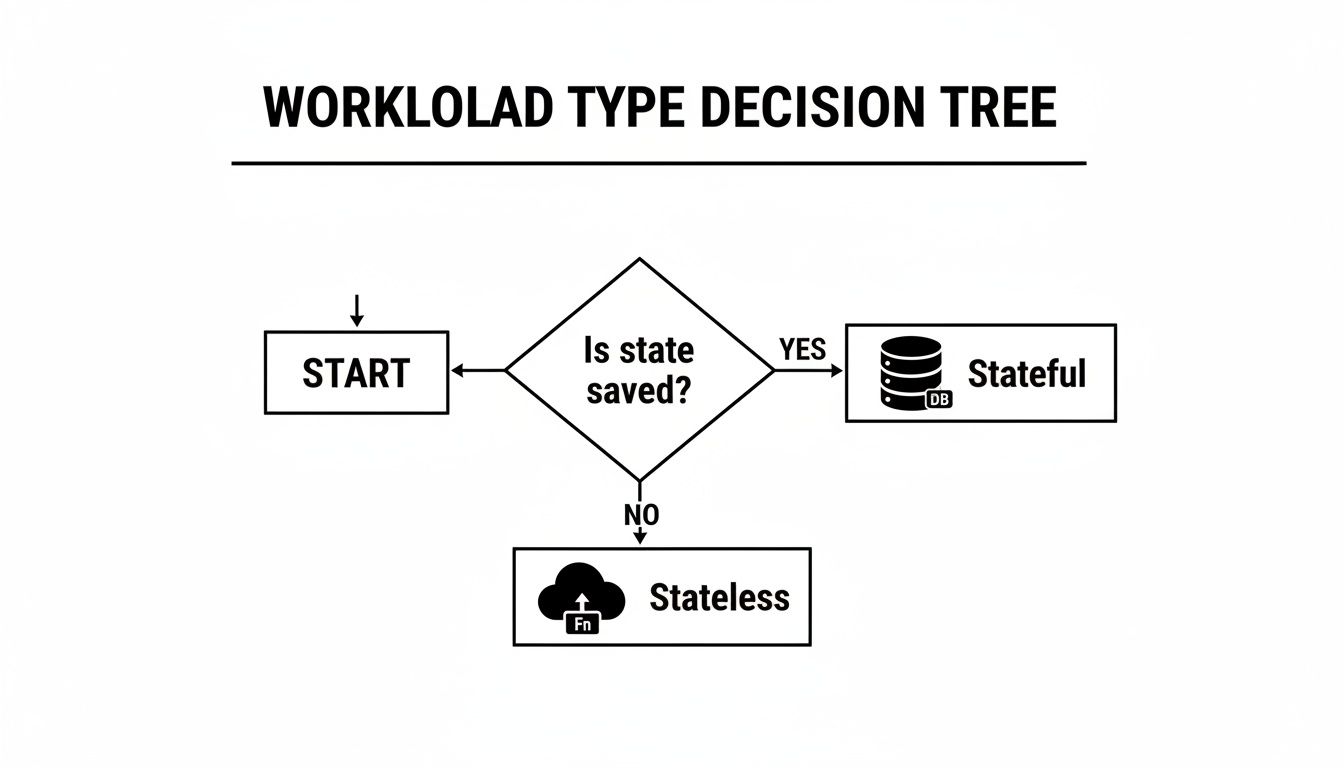 A decision tree diagram explaining workload types: Stateful if state is saved, Stateless otherwise.