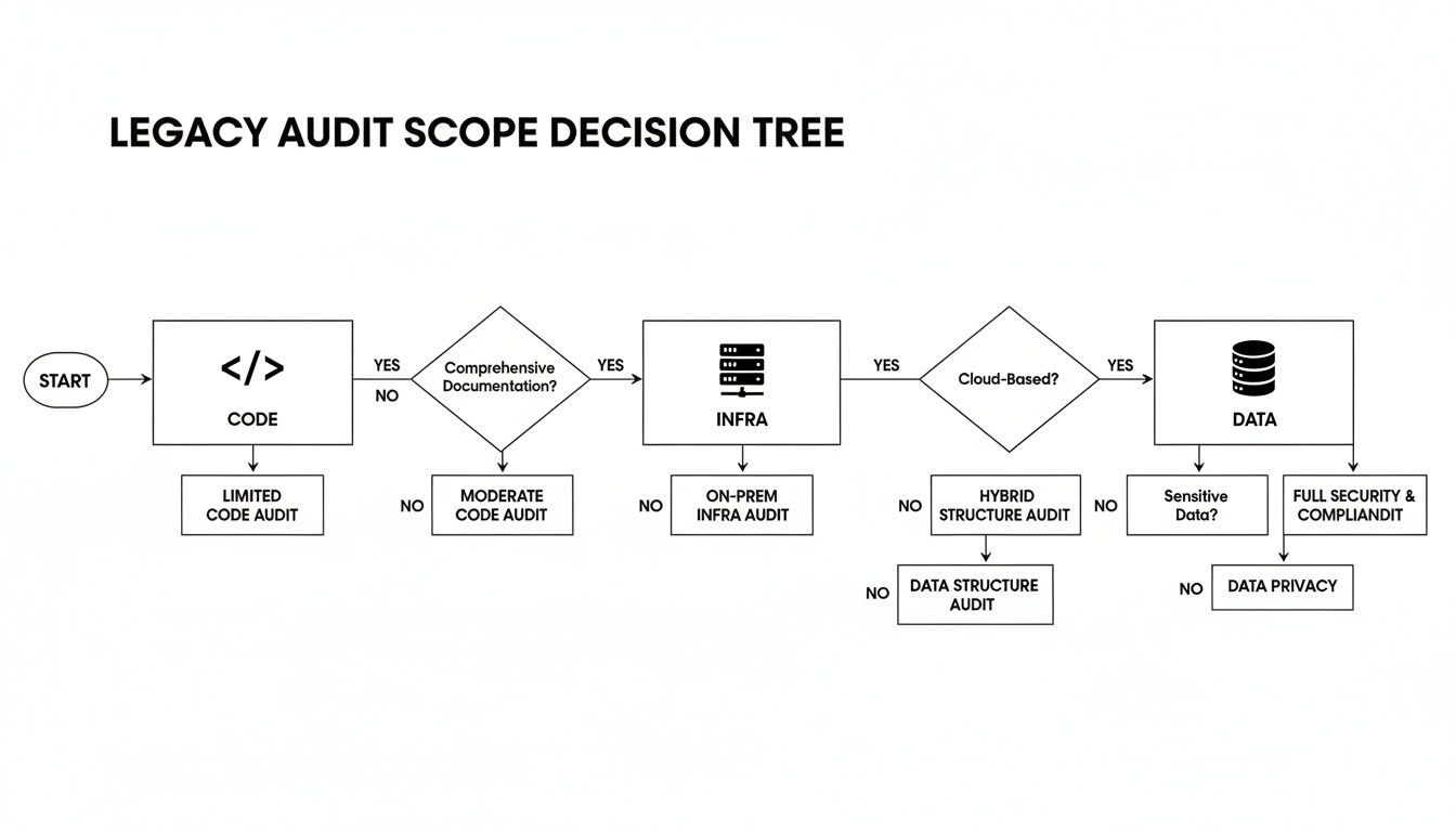 Flowchart illustrating the legacy audit scope decision tree process for code, infrastructure, and data.