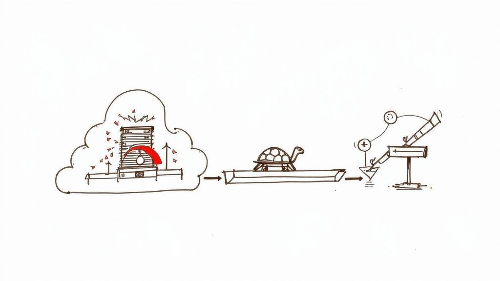 A team of DevOps consultants collaborating in a modern office setting, working on laptops with diagrams on a whiteboard behind them.