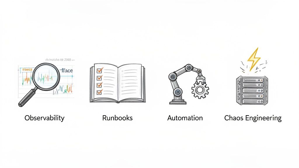Illustrations of observability, runbooks, automation, and chaos engineering for robust system operations.