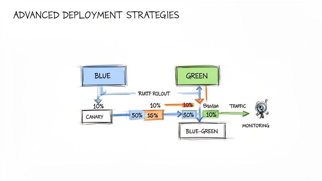 Diagram illustrating advanced deployment strategies with blue, green, canary, and blue-green traffic routing.