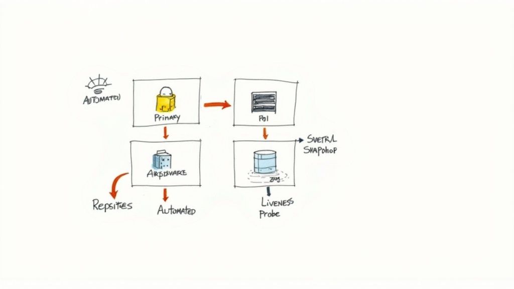 A hand-drawn diagram illustrating a system architecture with primary, Arsdware, Pol, and ZMQ components, showing data flow and automated processes.
