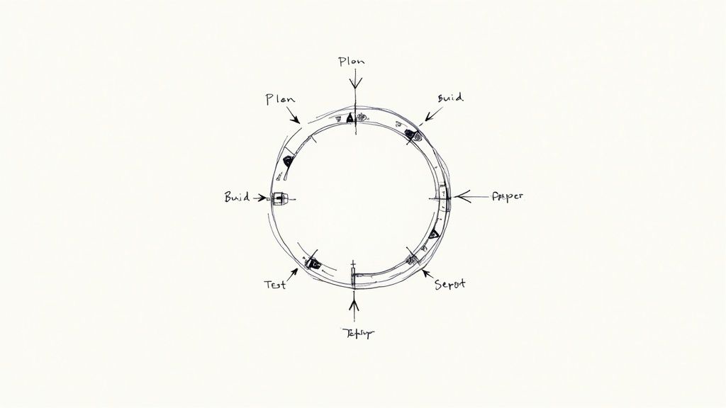 An image showing a software release cycle diagram with stages like planning, coding, building, testing, and deployment.