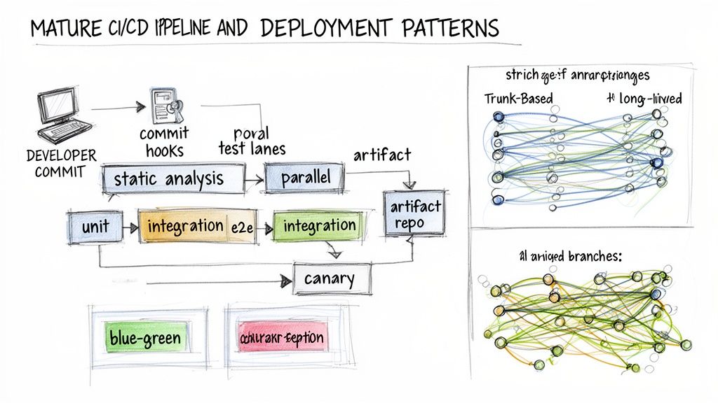 Diagram illustrating a mature CI/CD pipeline, detailing testing phases, deployment patterns, and branching strategies.