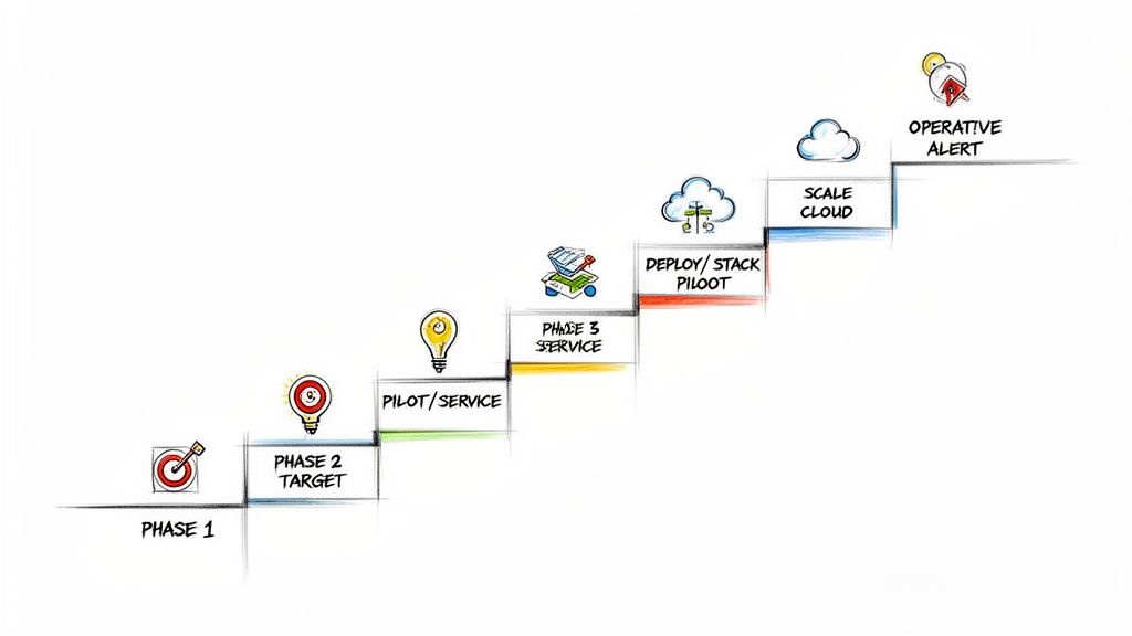 A seven-step diagram illustrating a progressive process from 'Phase 1' to 'Operative Alert' with icons.