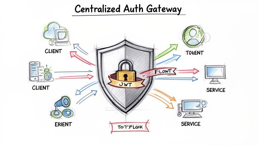 Hand-drawn diagram of a centralized authentication gateway using JWT for client-service authorization.