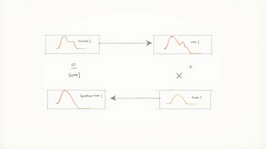 Diagram showing Prometheus query language operations converting increase to rate, then indices to quantile over time