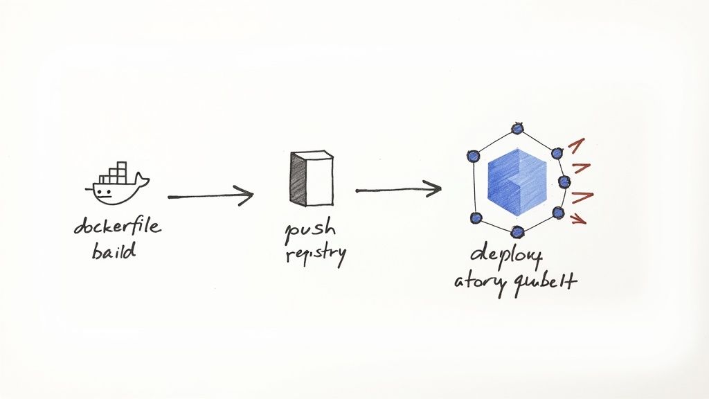 Diagram showing Dockerfile build, image push to registry, and deployment to Kubernetes.