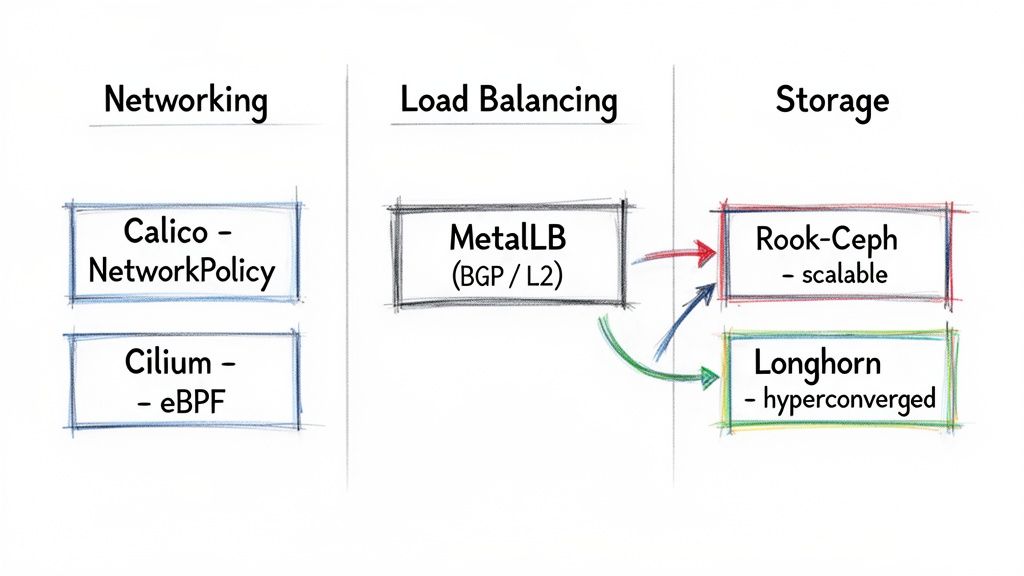 Diagram illustrating networking, load balancing, and storage components like Calico, MetalLB, and Rook-Ceph.