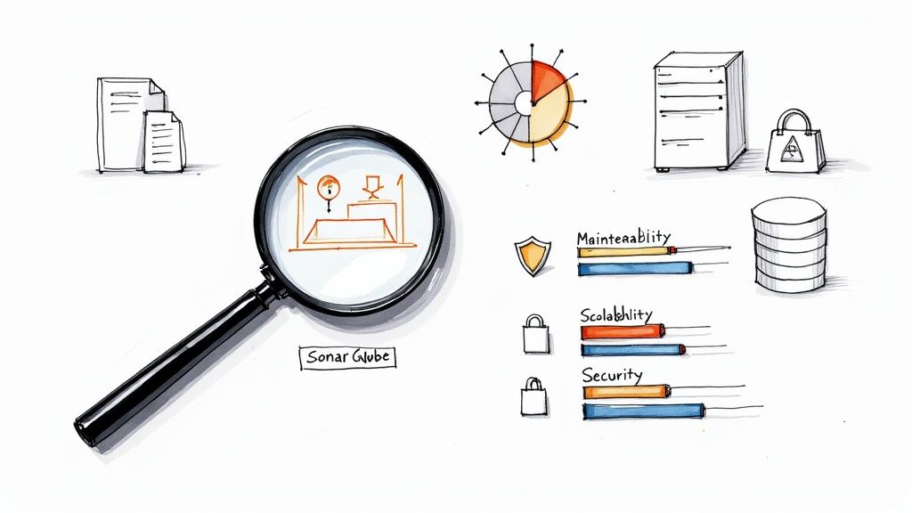 A team of engineers collaborating around a screen showing complex system architecture diagrams.