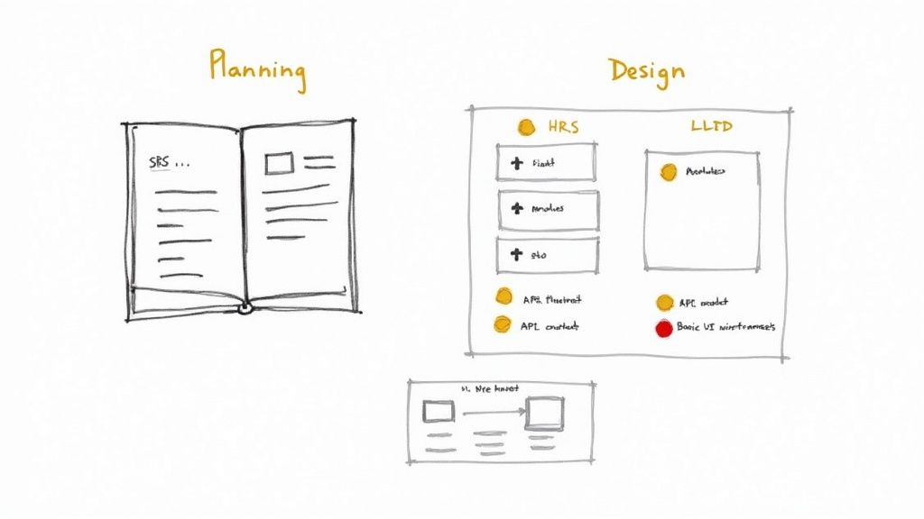 A blueprint on a desk with drafting tools, representing the planning and design stages of software.