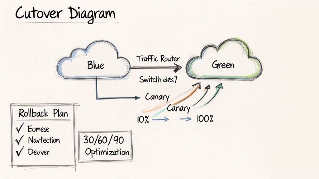 Diagram illustrates a cloud migration cutover using blue/green deployment, canary releases, and a rollback plan.
