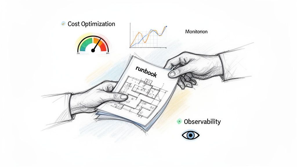 Two hands exchanging a runbook document, with icons for cost optimization, monitoring, and observability.