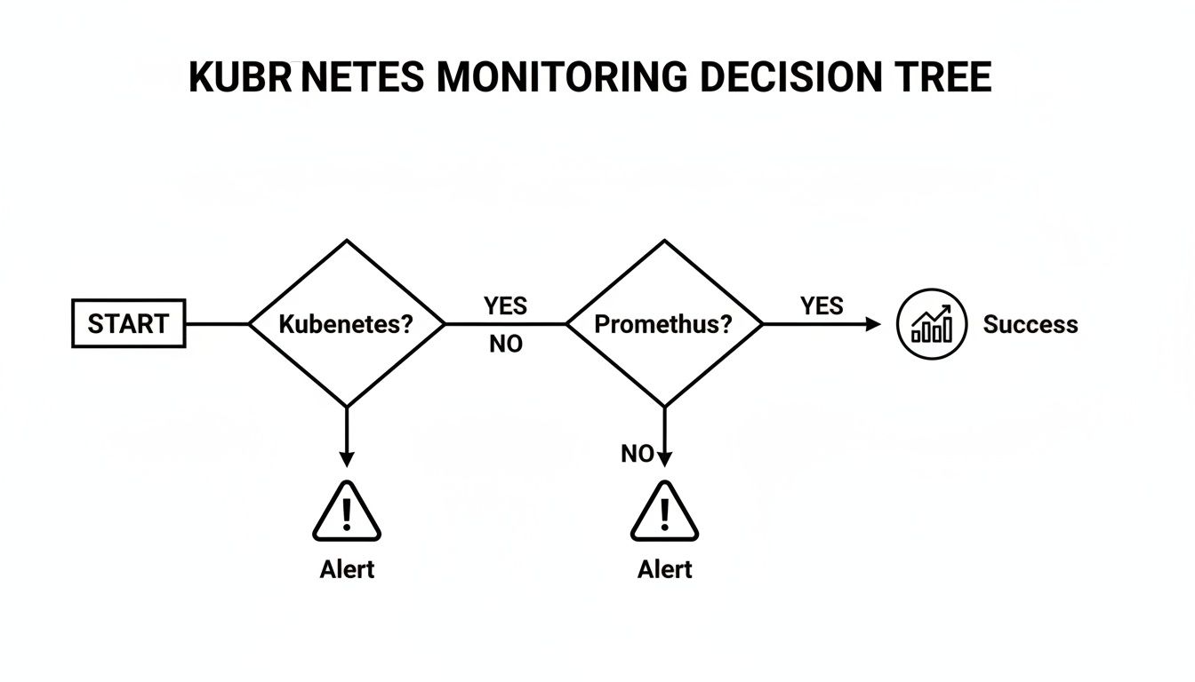 Flowchart showing a Kubernetes monitoring decision tree, leading to success with Prometheus or alerts.