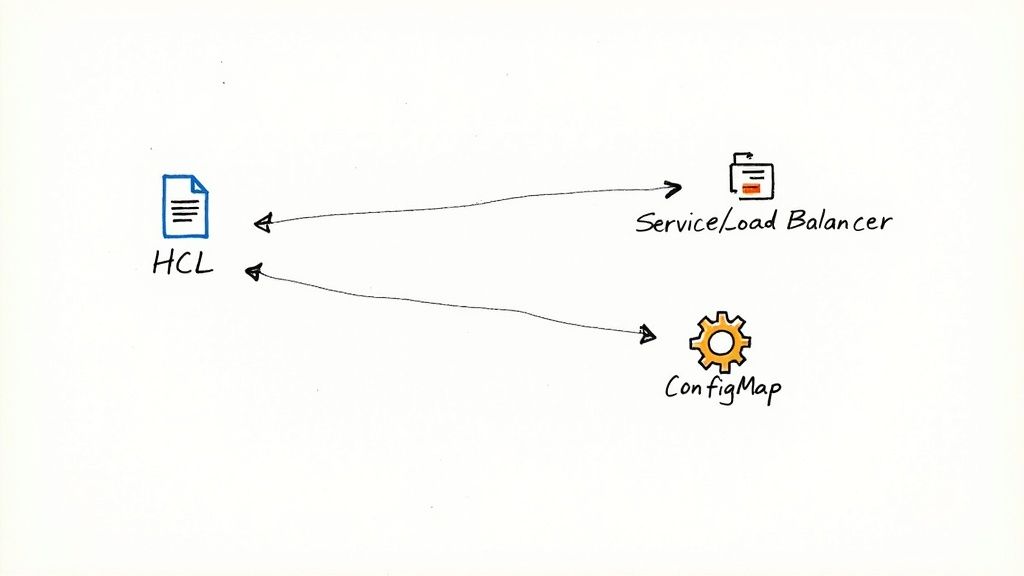 A visual representation of Terraform managing Kubernetes objects like Deployments and Services within a cluster.